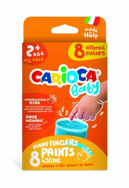 Carioca Tempera Baby Pack de 8 Botes de Pintura de Dedos 2+ - Lavable - Atoxica - sin Olor - Maxima Creatividad y Diversion - Color Varios