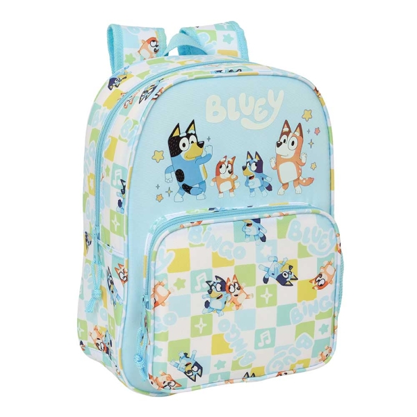 Safta Bluey Ready Mochila Infantil - Portabotellas - Bolsillo Frontal - Adaptable a Carro - Hombreras Acolchadas - 26x34x11cm - Color Azul Pastel