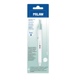 Milan P1 + Blister con 1 Boligrafo de Bola Retractil - Tinta Azul - Punta Redonda 1mm - Superficie Antibacteriana - Color Blanco