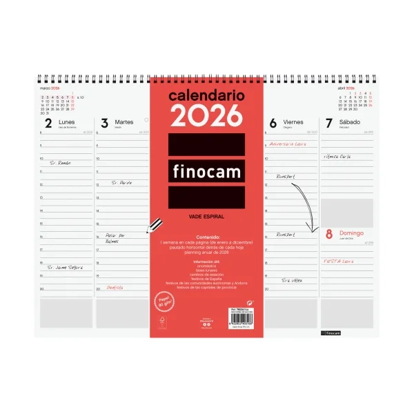 Finocam Vade Calendario de Sobremesa - Anual 2026 - con Espiral - 420x8x320mm - Semana Vista en Vertical - Color Blanco y Rojo