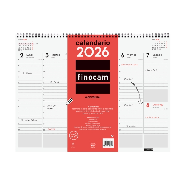 Finocam Vade Calendario de Sobremesa - Anual 2026 - con Espiral - 420x8x320mm - Semana Vista en Vertical - Color Blanco y Rojo