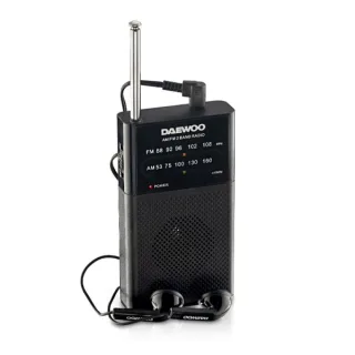 Daewoo Radio AM/FM - Alimentacion a Pilas - Jack 3.5mm - Antena Telescopica - Altavoz Integrado - 130x70x28mm - Color Negro