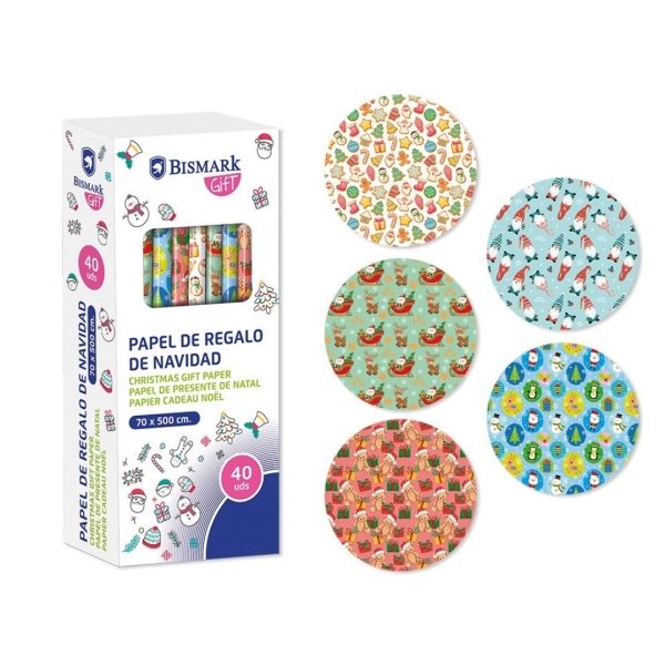 Bismark Navidad Juguetes Rollo de Papel Regalo - Medidas 70cmx500cm - 5 Diseños Diferentes · Pack de 40 uds.