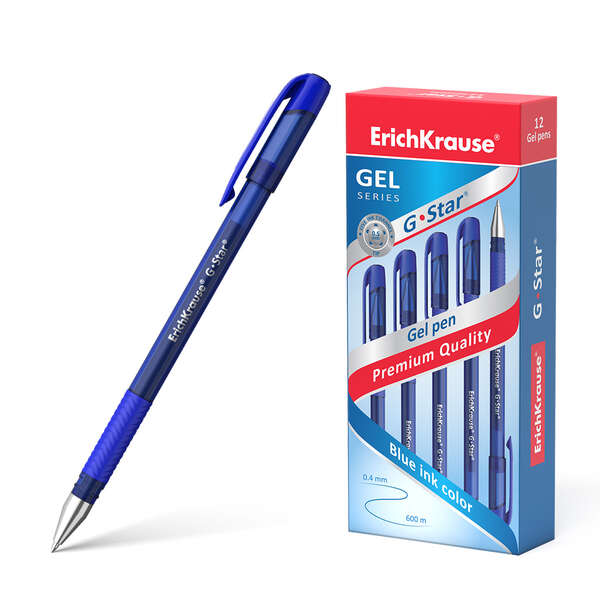 Erichkrause Boligrafo de Gel G-Star 05 - Cuerpo Translucido con Grip de Goma - Punta de 05mm - Tinta de Gel de Secado Rapido - Color Azul · Pack de 12 uds.