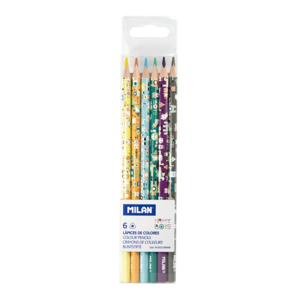 Milan Happy Bots Pack de 6 Lapices de Colores - Dibujos Infantiles - Triangulares - Colores Surtidos