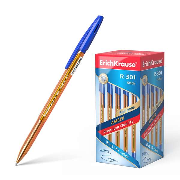 Erichkrause Boligrafo R-301 Amber Stick 0.7 - Cuerpo Hexagonal Translucido - Punta de 0.7mm - Tinta de Secado Rapido - Color Azul · Pack de 50 uds.