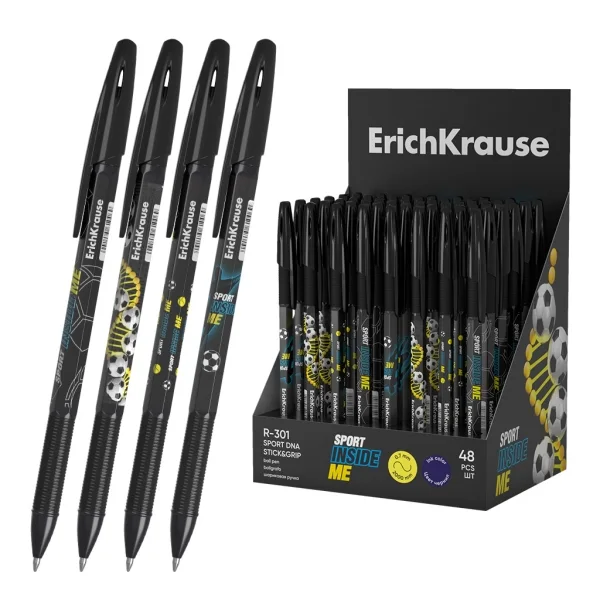 ErichKrause R-301 Stick and Grip Sport DNA Expositor con 48 Boligrafos con Capuchon - Modelos Surtidos - Trazo 0.35mm - Zona de Agarre de Goma - Tinta de Secado Rapido - Tapa Ventilada - Color Azul
