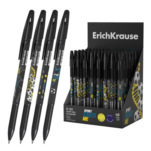 ErichKrause R-301 Stick and Grip Sport DNA Expositor con 48 Boligrafos con Capuchon - Modelos Surtidos - Trazo 0.35mm - Zona de Agarre de Goma - Tinta de Secado Rapido - Tapa Ventilada - Color Azul