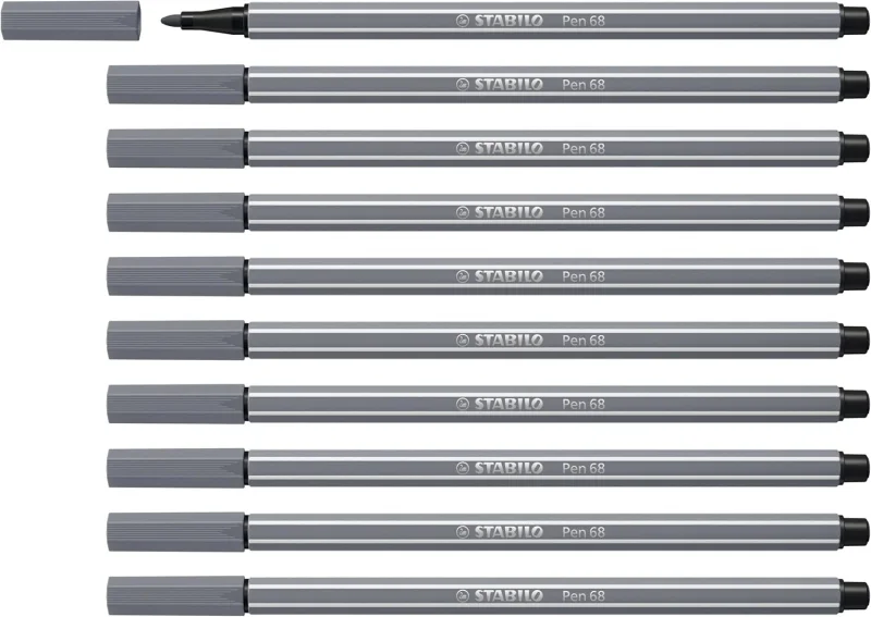 Stabilo Pen 68 Rotulador de Punta de Fibra - Trazo de 1mm aprox. - Tinta con Base de Agua - Color Gris Oscuro · Pack de 10 uds.