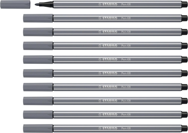 Stabilo Pen 68 Rotulador de Punta de Fibra - Trazo de 1mm aprox. - Tinta con Base de Agua - Color Gris Oscuro · Pack de 10 uds.