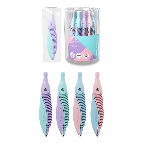 ErichKrause Pastel Compas Escolar - Cuerpo de Plastico - Estuche de PVC - 122mm de Longitud - Radio Maximo de 150mm - Colores Surtidos · Pack de 24 uds.