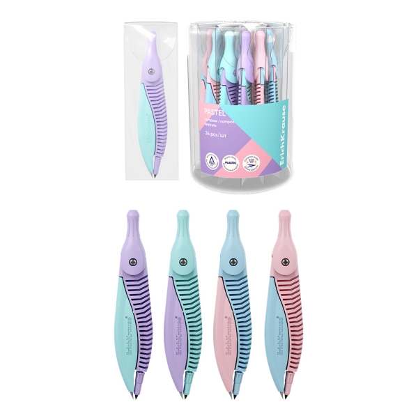 ErichKrause Pastel Compas Escolar - Cuerpo de Plastico - Estuche de PVC - 122mm de Longitud - Radio Maximo de 150mm - Colores Surtidos · Pack de 24 uds.