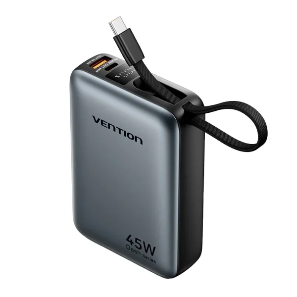 Vention Mini Powerbank de 20000mAh - Potencia de Salida hasta 45W - Cable USB-C Integrado - Power Delivery - USB-A - Tecnologia PPS - Color Gris