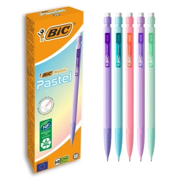 Bic Matic Pastel Portaminas 0.7mm HB con Goma - Punta Retractil - Cuerpo de Colores Pastel Surtidos · Pack de 12 uds.