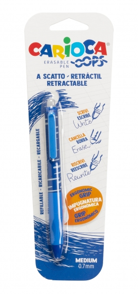 Carioca Oops Boligrafo Retractil Borrable - Termo Sensible - Empuñadura Ergonomica Triangular - Punta de Ø 0.7mm - Recambios Compatibles - Color Azul