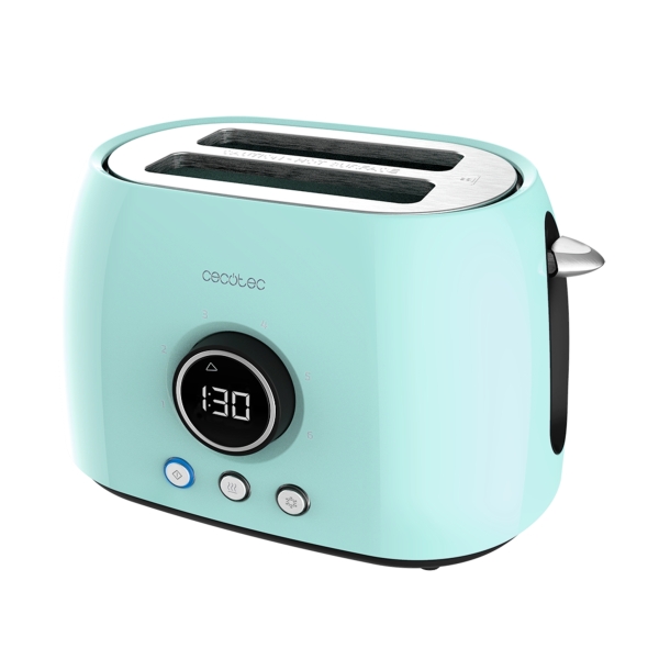 Cecotec ClassicToast 8000 Tostadora de Doble Ranura - 800W - Pantalla Digital - Ranura Ancha - 3 Funciones - Calienta Panecillos - 6 Niveles - Extra Elevacion - Autocentrado - Color Azul Cla