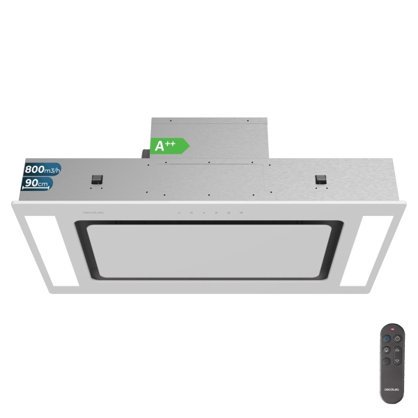 Cecotec Bolero Flux TIR 908000 Glass White A++ Campana Extractora Integrable de Techo de 90cm - 210W - Succion 800m3/h - Cable 90cm - Luz LED - Incluye Accesorios - Filtros de Carbono - Colo