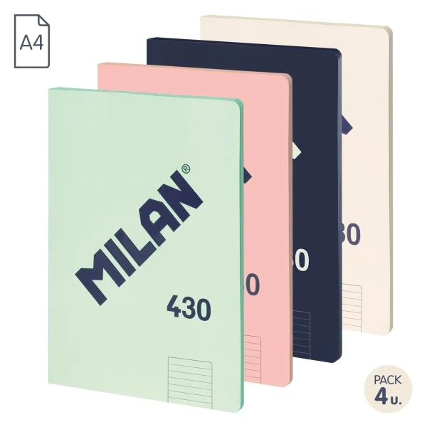 Milan 430 Since 1918 Pack de 4 Libretas A4 Encoladas - Papel a Lineas de 7mm - 48 Hojas de 95g - Colores Surtidos