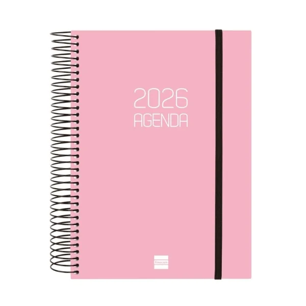 Finocam Opaque Agenda de Espiral - Anual 2026 - Tapa Ligera - Cierre con Goma Elastica - Formato E10 - 175x29x212mm - 1 Dia por Pagina - Color Rosa