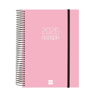 Finocam Opaque Agenda de Espiral - Anual 2026 - Tapa Ligera - Cierre con Goma Elastica - Formato E10 - 175x29x212mm - 1 Dia por Pagina - Color Rosa
