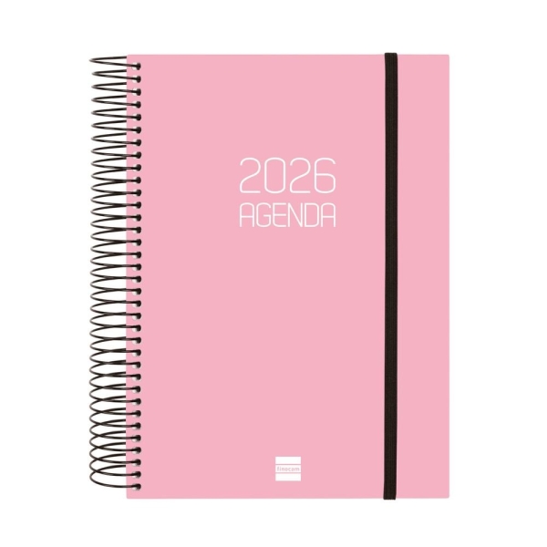 Finocam Opaque Agenda de Espiral - Anual 2026 - Tapa Ligera - Cierre con Goma Elastica - Formato E10 - 175x29x212mm - 1 Dia por Pagina - Color Rosa