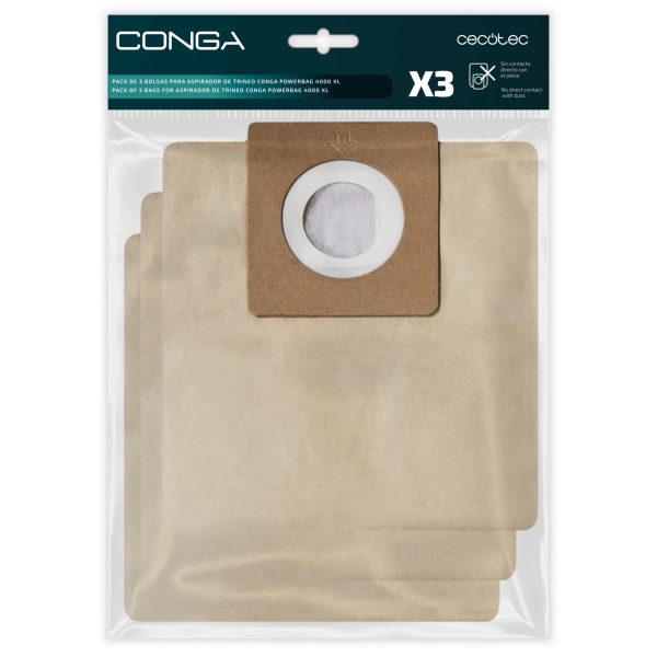 Cecotec Pack de 3 Bolsas de Recambio para Conga Powerbag 4000 XL - Alta Capacidad de Filtracion - Faciles de Instalar - Material Resistente - Mantiene la Succion Eficiente - Color Marron