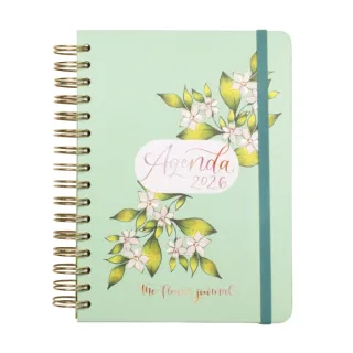 Finocam Flower Journal Agenda de Espiral en Catalan - Anual 2026 - Tapa Dura - Cierre de Goma - Formato E10 - 155X212mm - 1 Dia por Pagina - Color Verde
