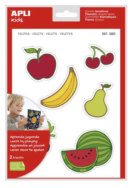 Apli Gomets Tematicos las Frutas xL - 22 Gomets en 2 Hojas A4 - Desarrollados con Educadores - Adhesivo Removible - Seguros y Ecologicos - Ilustraciones Divertidas - Tamaño xL sin Borde - Coloridos