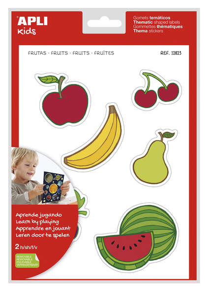 Apli Gomets Tematicos las Frutas xL - 22 Gomets en 2 Hojas A4 - Desarrollados con Educadores - Adhesivo Removible - Seguros y Ecologicos - Ilustraciones Divertidas - Tamaño xL sin Borde - Coloridos