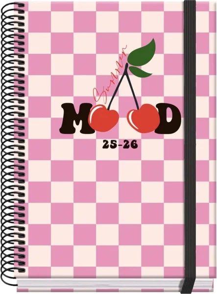 Dohe Cherry Agenda Escolar 25/26 Espiral A5 - Dia Pagina - Papel 70g/m2 - 4 Hojas de Pegatinas - Cubierta de Carton Plastificado - Cierre con Goma Elastica