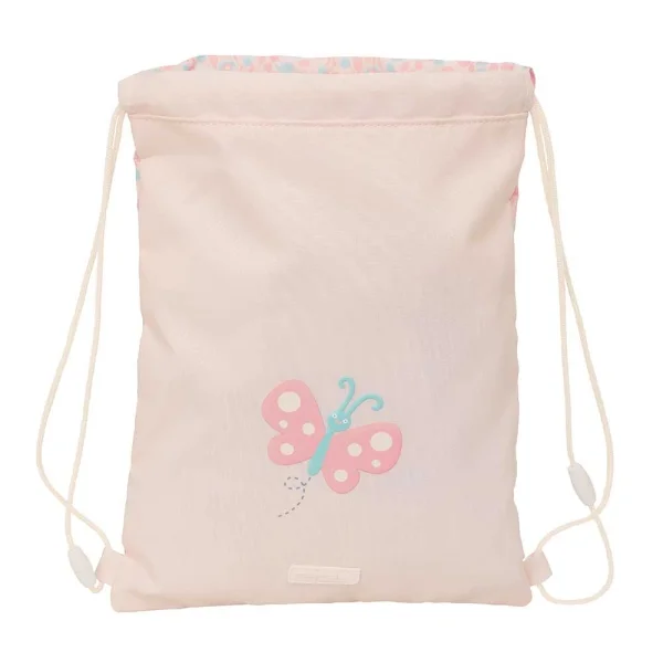 Safta Mariposa Saco Plano - Bolsillo con Cremallera - Cierre con Cordones - 3L - 260x10x340mm - Color Rosa Pastel