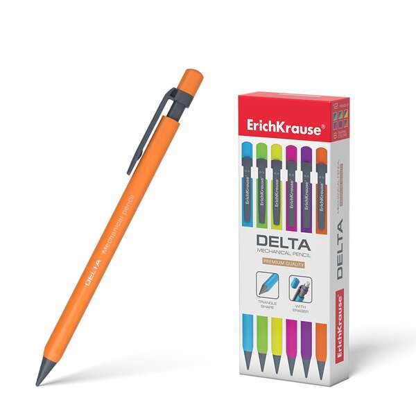Erichkrause Delta Portaminas 0.5mm HB - Para Minas de 0.5mm - Goma de Borrar - Forma Triangular Ergonomica - Colores Neon Brillantes Surtidos · Pack de 12 uds.