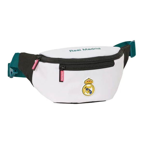 Safta Real Madrid Equipacion 26/27 Bolsa de Cintura - Cremallera - Cintas Ajustables - Cierre de PVC - Bolsillo Frontal - 23x12x9cm - Color Blanco y Negro