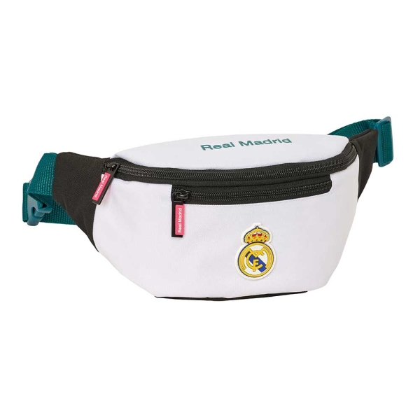 Safta Real Madrid Equipacion 26/27 Bolsa de Cintura - Cremallera - Cintas Ajustables - Cierre de PVC - Bolsillo Frontal - 23x12x9cm - Color Blanco y Negro