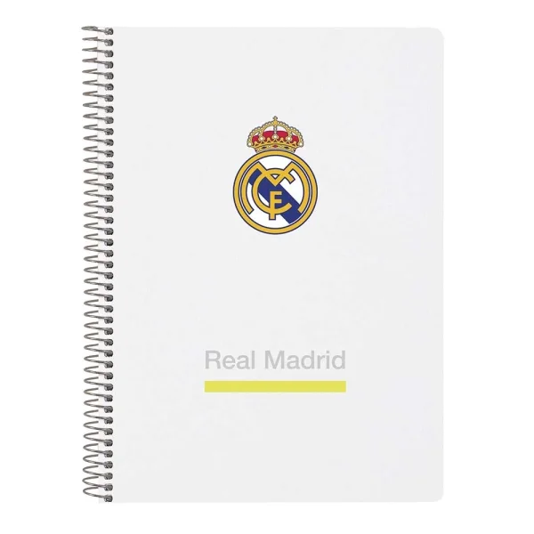 Safta Real Madrid Cuaderno Espiral Tamaño 4º Cuadricula 4x4mm - 80 Hojas con Margen - Tapas Duras - Color Blanco y Negro