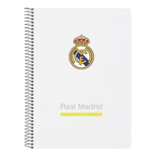 Safta Real Madrid Cuaderno Espiral Tamaño 4º Cuadricula 4x4mm - 80 Hojas con Margen - Tapas Duras - Color Blanco y Negro