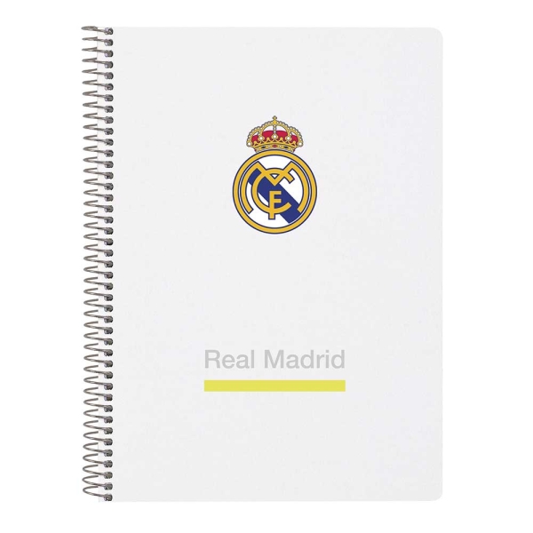 Safta Real Madrid Cuaderno Espiral Tamaño 4º Cuadricula 4x4mm - 80 Hojas con Margen - Tapas Duras - Color Blanco y Negro