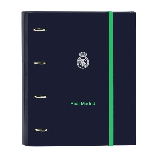 Safta Real Madrid 2ª Equipacion 25/26 Carpeta con 4 Anillas 35mm - Tapas Duras Forradas - Recambio 100 Hojas - Cuadriculas 5x5mm - 80g/m2 - Separadores - 270x35x320mm - Color Azul Marino