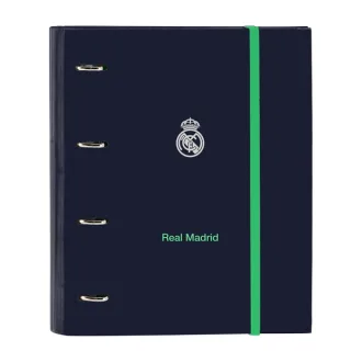 Safta Real Madrid 2ª Equipacion 25/26 Carpeta con 4 Anillas 35mm - Tapas Duras Forradas - Recambio 100 Hojas - Cuadriculas 5x5mm - 80g/m2 - Separadores - 270x35x320mm - Color Azul Marino