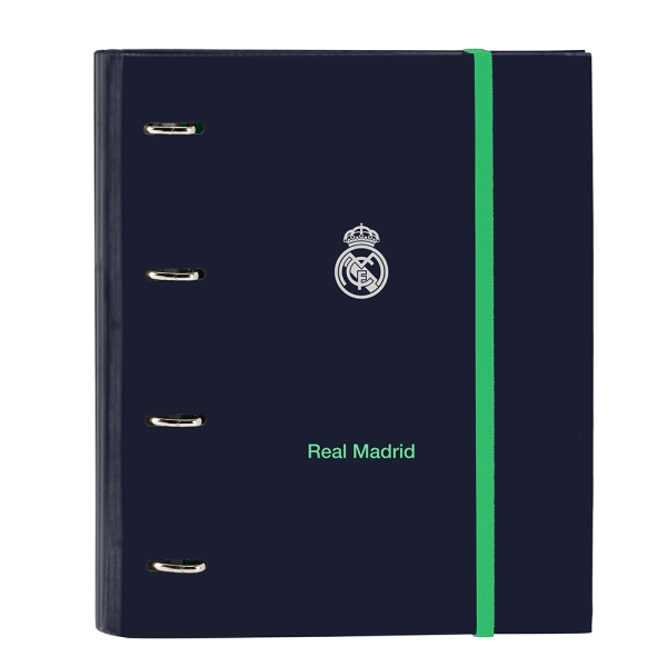 Safta Real Madrid 2ª Equipacion 25/26 Carpeta con 4 Anillas 35mm - Tapas Duras Forradas - Recambio 100 Hojas - Cuadriculas 5x5mm - 80g/m2 - Separadores - 270x35x320mm - Color Azul Marino