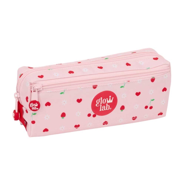 Safta Glowlab Frutitas Portatodo - 3 Compartimentos con Cremalleras - Goma Elastica - 0.98L - 220x60x85mm - Color Rosa