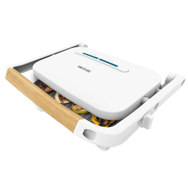 Cecotec Rock'nGrill 1300 WoodW Parrilla Electrica - Potencia de 1300W - Revestimiento Antiadherente - Base Antideslizante - Placa Ajustable - Indicador Luminoso - Asa de Madera - Color Blanc