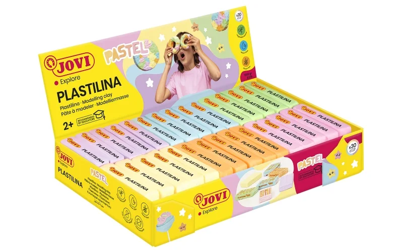Jovi Expositor de 30 Pastillas de Plastilina 50gr - 100% Vegetal - Muy Moldeable - No Se Seca - Mezclables - Colores Pastel Surtidos