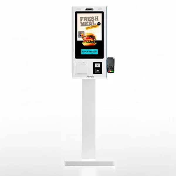 AVPos Kiosko Autoservicio Suelo FK27 - 27 Pulgadas Tactil - RK3568 - 8GB Memoria - SSD 128GB - Escaner 2D - Impresora Termica - WIFI - Android 13 - Color Blanco