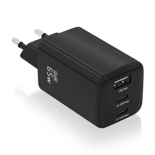 Aisens Cargador Gan USB-C 65W - Alta Eficiencia Energetica - Tecnologia AI para Carga Rapida - Multiples Protecciones de Seguridad - Compatible con USB-C y USB-A - Carga Simultanea de 3 Diso
