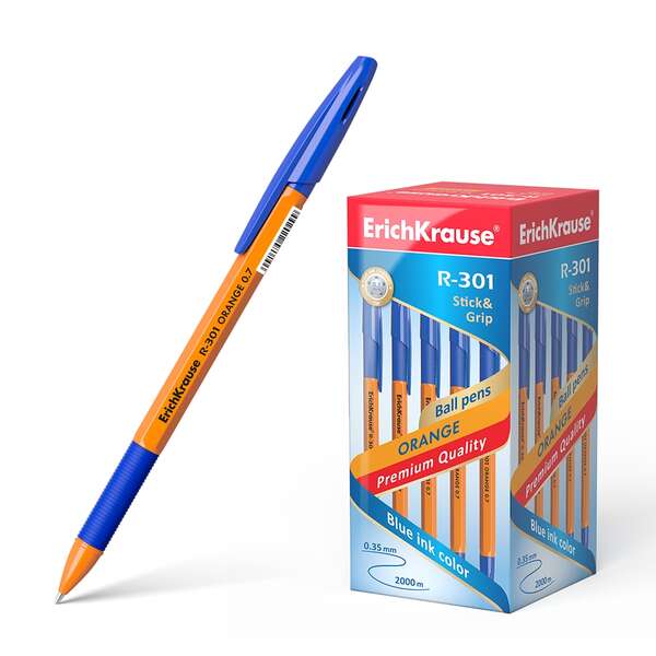 Erichkrause Boligrafo R-301 Stick&Grip - Cuerpo Hexagonal Naranja - Punta de 0.7mm - Tinta de Secado Rapido - Color Azul · Pack de 50 uds.