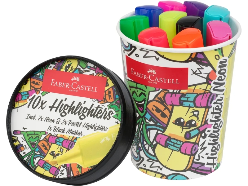 Faber-Castell Textliner 46 Neon Pack de 10 Marcadores Fluorescentes - Diseño del Pack Tarrina de Helado - Punta Biselada - Trazo entre 1mm y 5mm - Tinta con Base de Agua - Colores Surtidos