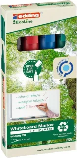 Edding 28 EcoLine Pack de 4 Rotuladores para Pizarra Blanca - Punta Redonda - Trazo 1.5-3mm - 90% de Plastico Reciclado - Borrado en Seco - Colores Surtidos