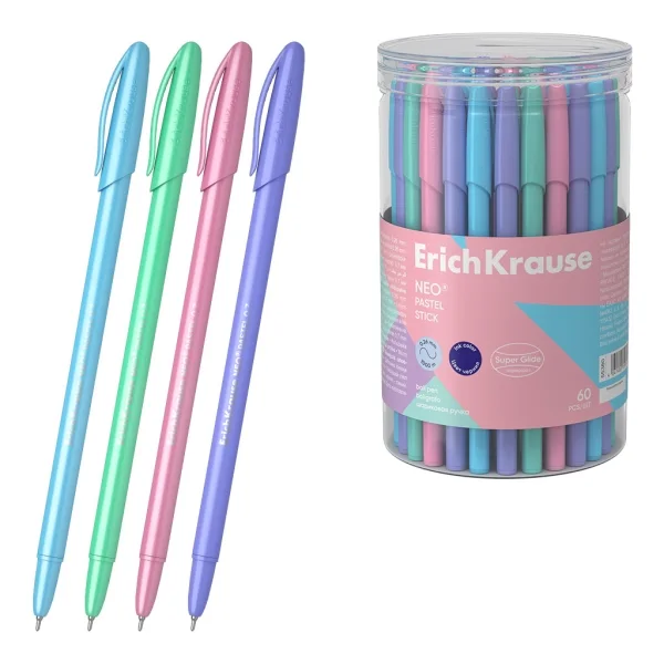 ErichKrause Neo Stick Pastel Boligrafo con Capuchon - Modelos Surtidos - Trazo 0.26mm - Tinta de Baja Viscosidad - Color Azul · Pack de 60 uds.
