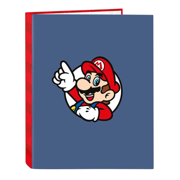 Safta Super Mario Carpeta de 4 Anillas de 25mm - Formato Folio - Tapas Duras Forradas - 26.5x33x4cm - Color Rojo y Azul